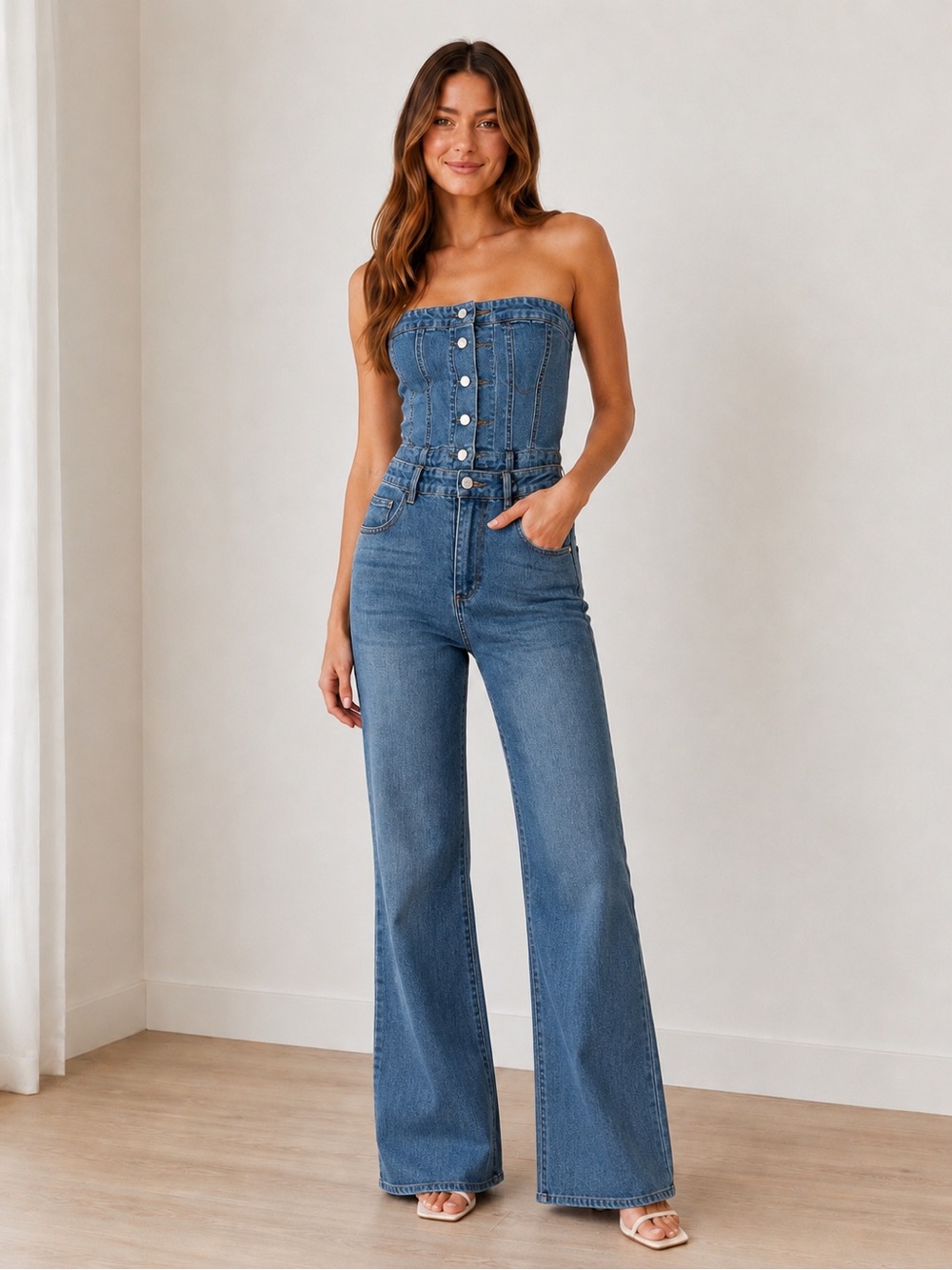 & Other Stories Blue Strapless Denim Jumpsuit